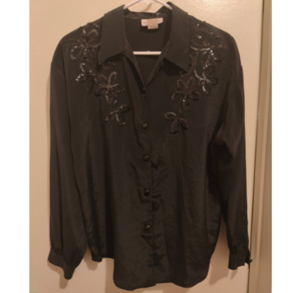 Vintage Black Sequin Floral Button Up Blouse Impressions of California Size 12